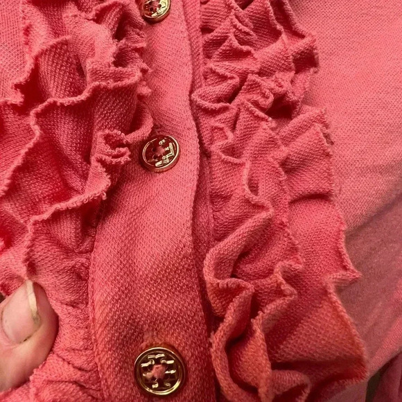 Tory Burch ruffle button long sleeve top Romilly pink coral salmon medium - Picture 11 of 13